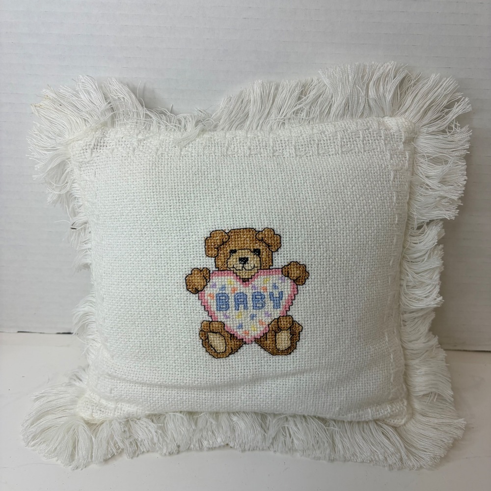 Vintage Handmade Needlepoint Teddy Bear Baby Nursery Throw Pillow Fringe Cream
